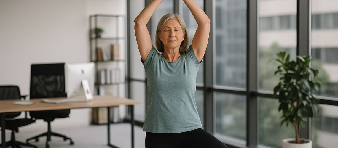 mujer mayor haciendo la postura del arbol de yoga en una oficina