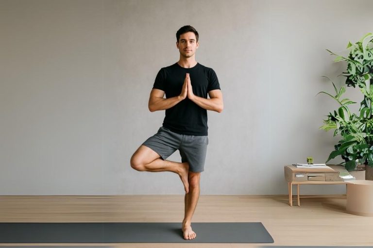 hombre en estudio haciendo la postura del arbol en yoga