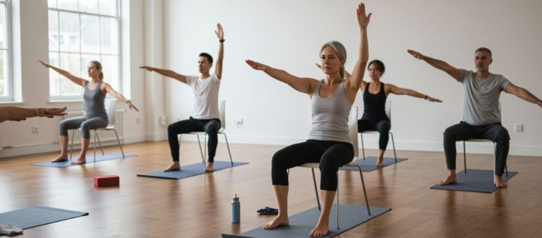 personas practicando yoga en silla